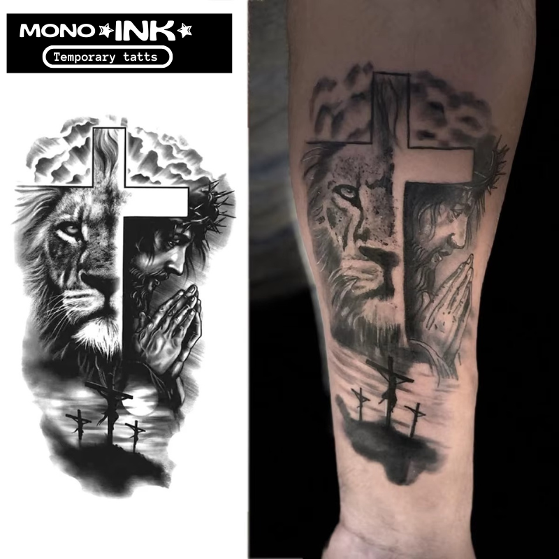 Cross Divides Lion&Praying Jesus